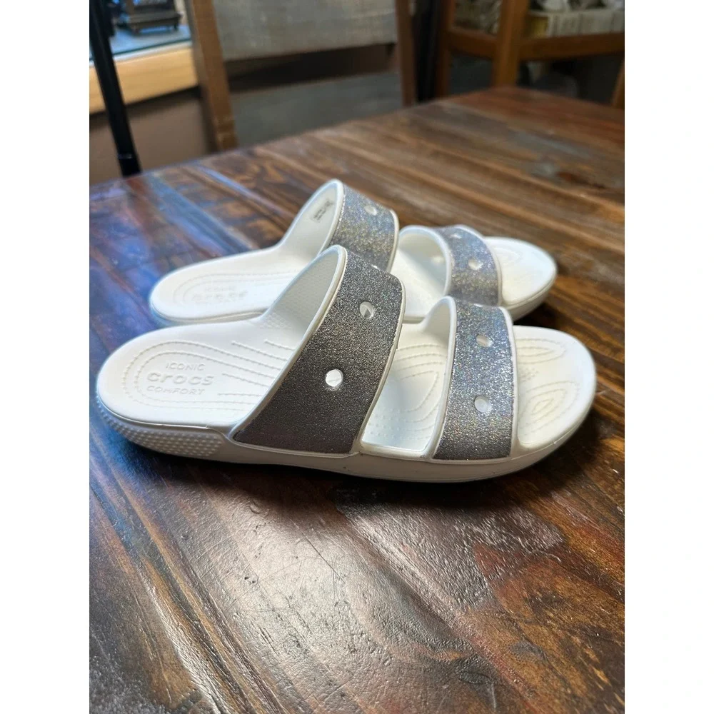 Crocs Glitter 2 Strap Slide Sandal Women's 9 or Men 7‎ White Silver Sparkle Shoe
